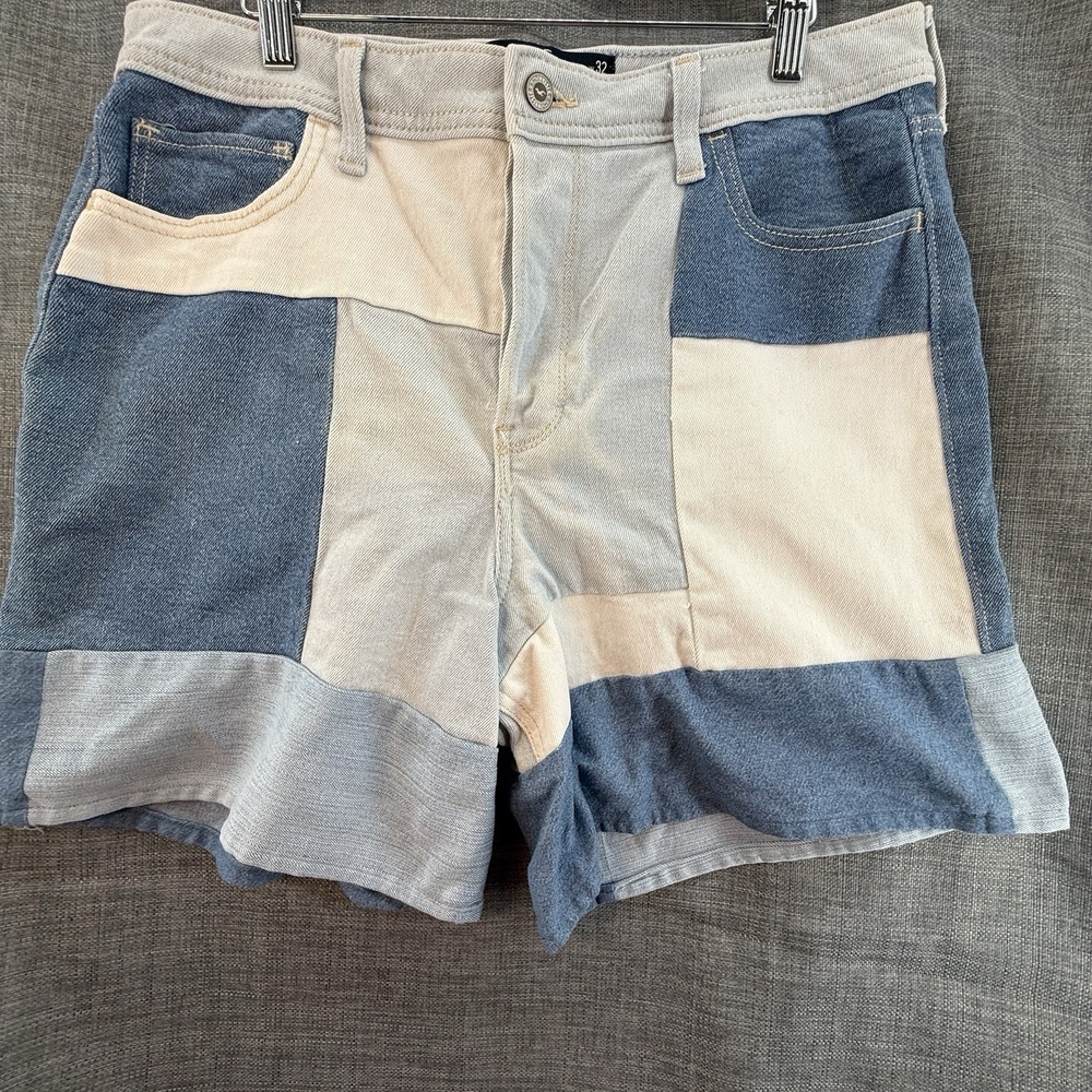 Patchwork Cotton Shorts in Blue and Cream